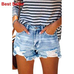 Mid-High Waisted Ripped Denim Shorts Stretchy Cutoff Jean Shorts